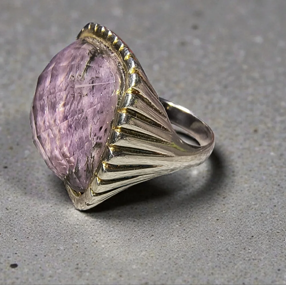 Vintage Very Large Charoite, Clear Quartz And Sterling Silver Doublet Ring